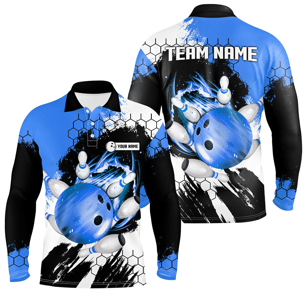Blue Flame bowling ball and pins jerseys Custom Team League Bowling Polo Shirts For Men NQS7162