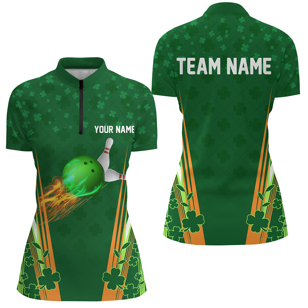 Green shamrock lucky Women bowling Quarter Zip shirt Custom St Patrick Day team bowling jerseys NQS7175