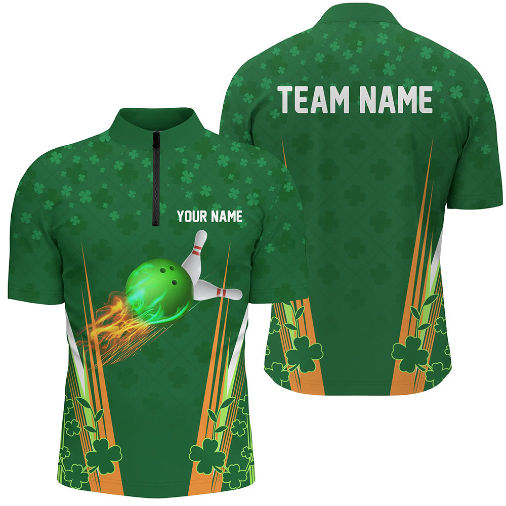 Green shamrock lucky Men bowling Quarter Zip shirt Custom St Patrick Day team league bowling jerseys NQS7175
