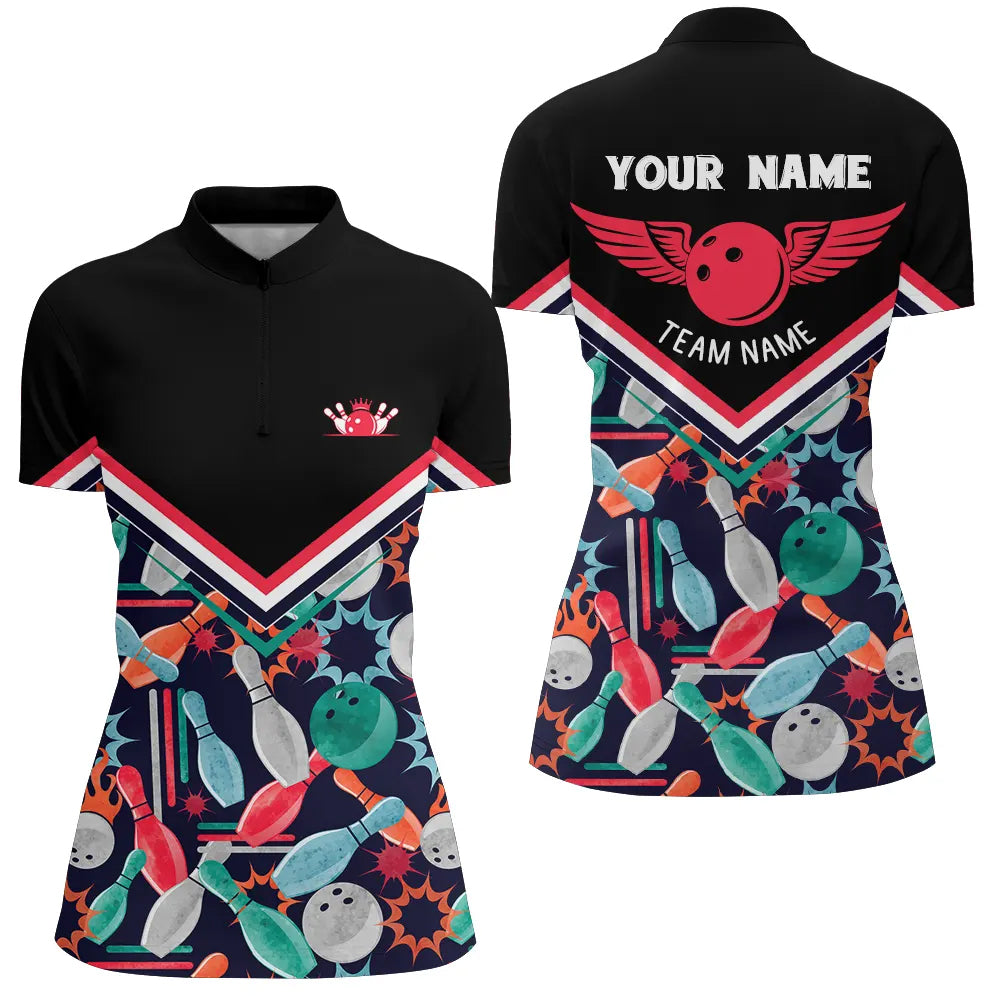 Personalized 3D bowling shirts for women, Custom black pattern Quarter Zip Bowling Shirts for Girls NQS6008