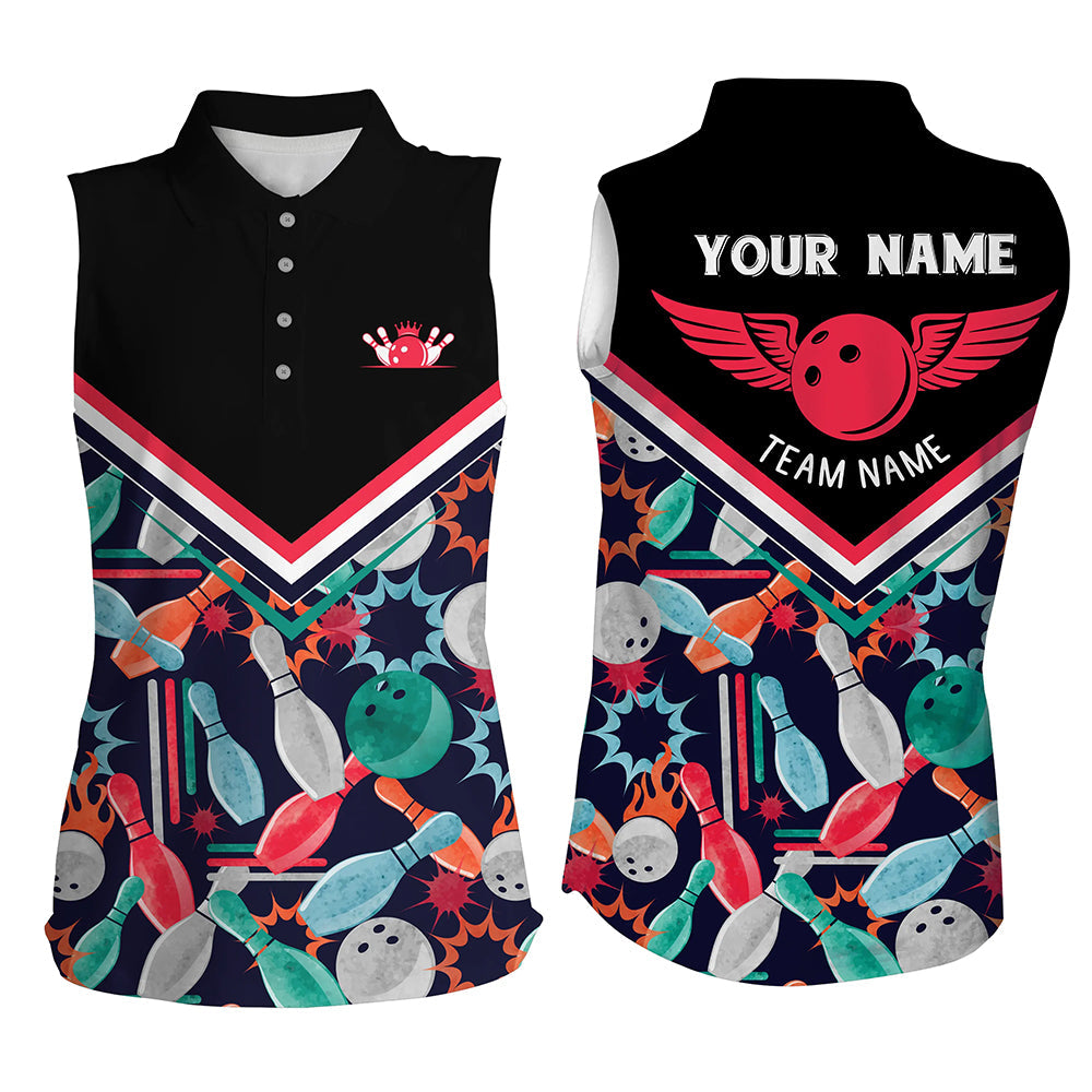 Personalized 3D bowling shirts for women, Custom black pattern sleeveless polo Bowling Shirts for Girl NQS6008