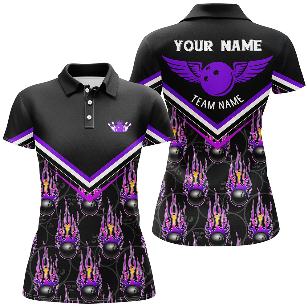 Personalized 3D team bowling polo shirts for women, Custom black flame bowling ball jerseys | Purple NQS6010