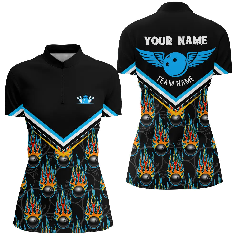 Personalized 3D team bowling Quarter Zip shirts for women, custom black flame bowling ball jerseys NQS6011
