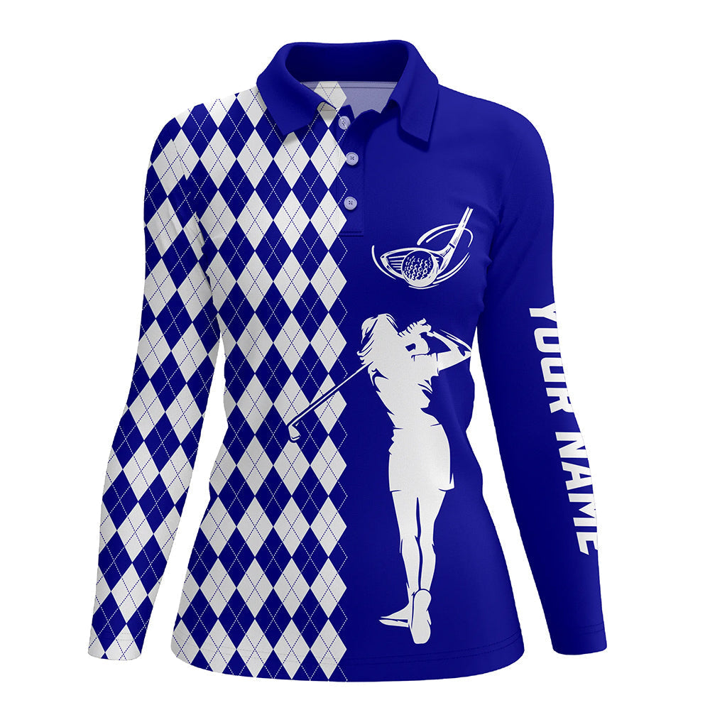 Personalized white argyle plaid pattern Womens golf polo shirts, custom Blue golf apparel for ladies NQS7907