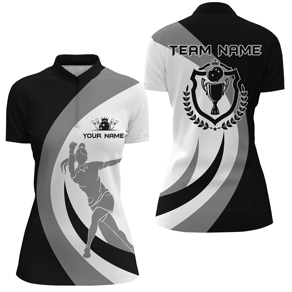Black and white retro Bowling Quarter-Zip Shirt For Women Jersey Custom Bowling League Team Shirt NQS6704