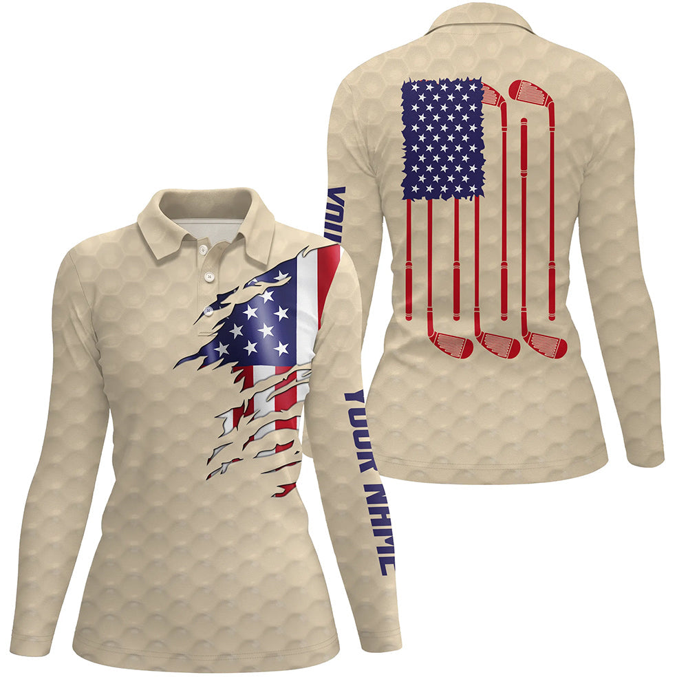 Womens golf polo shirt beige golf ball American flag patriotic golf clubs custom name golfing gifts NQS7077