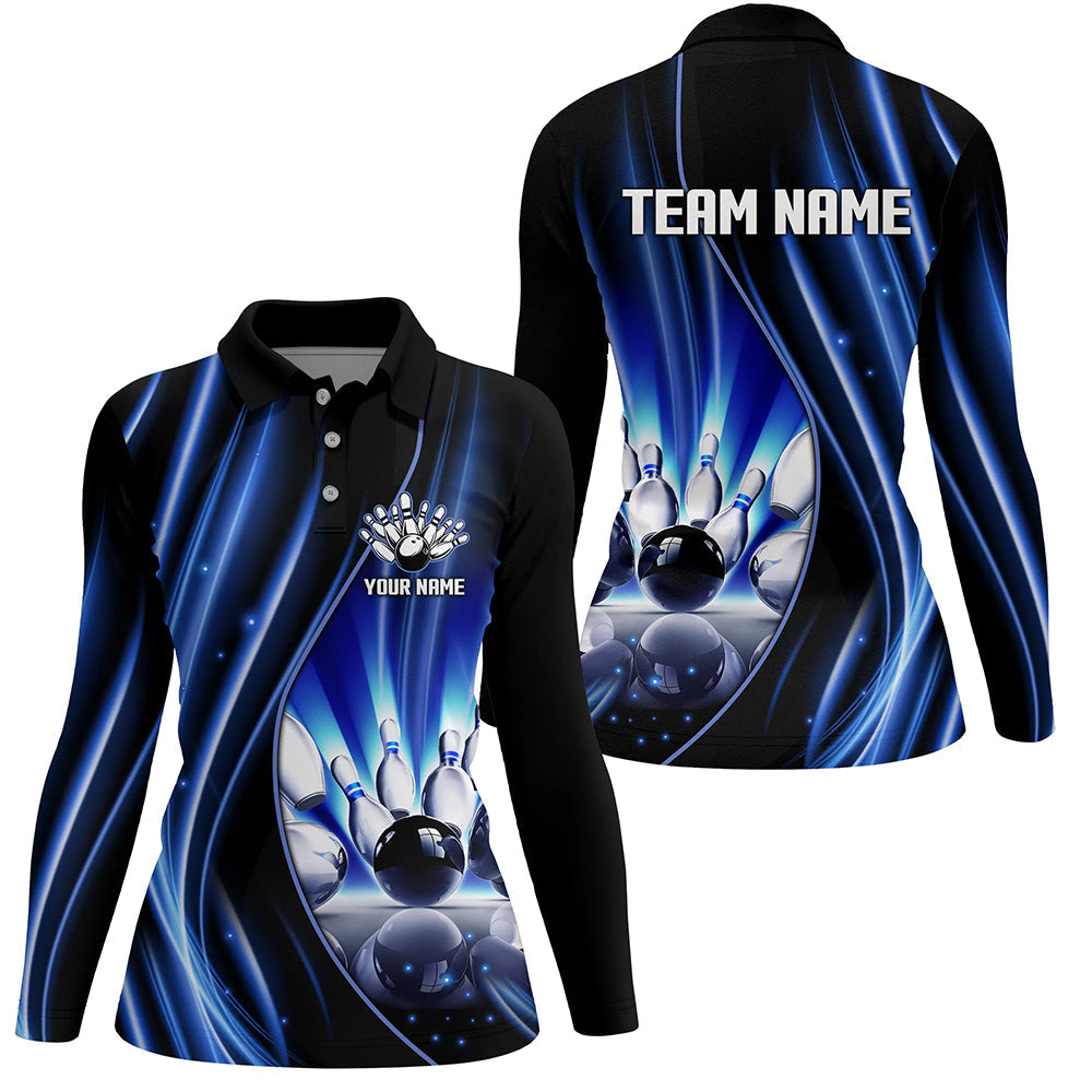 Blue and black light Women Bowling Polo Shirt Custom bowling league jerseys, personalized bowling gift NQS7082