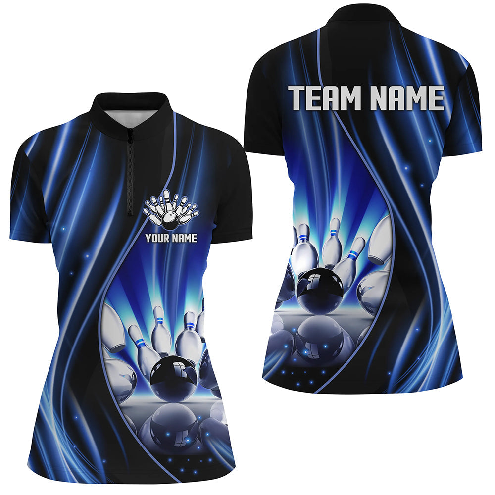 Blue and black light Women Quarter Zip Shirt Custom bowling league jerseys, personalized bowling gift NQS7082