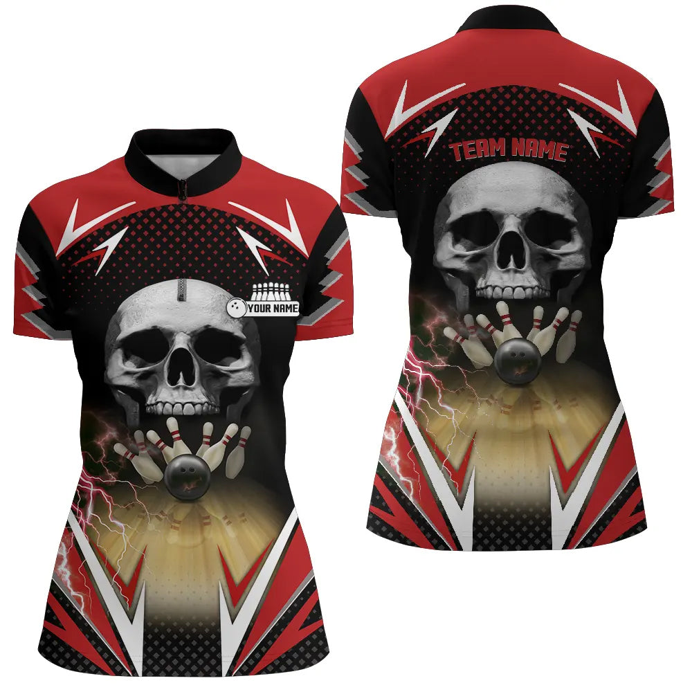 Red and black Bowling skull Quarter Zip shirts for women custom Bowling ball pins Team League Jerseys NQS6251