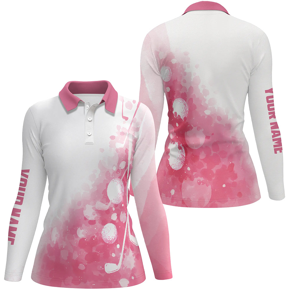 White and pink watercolor Women golf polo shirt custom golf ball