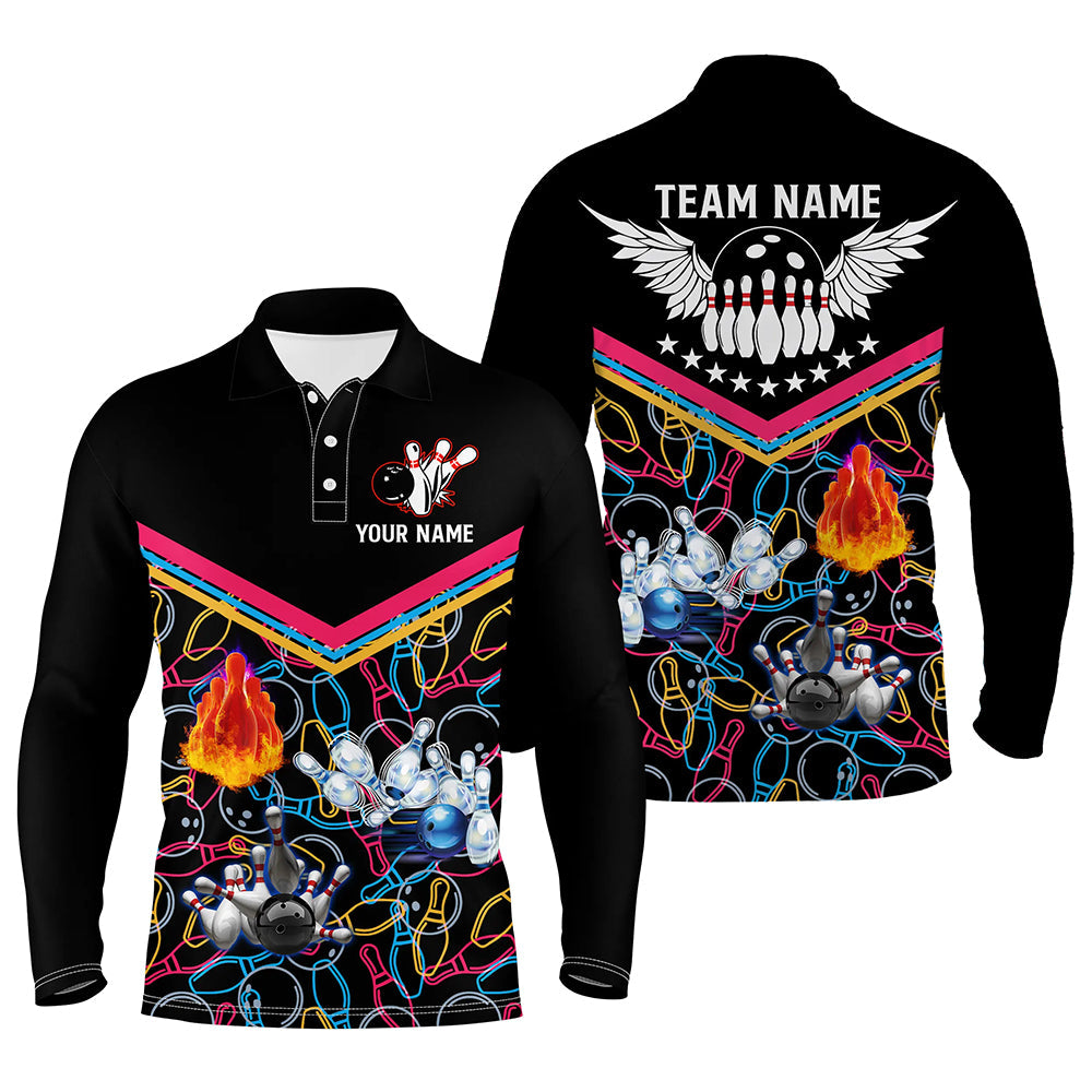 Multicolor pattern black bowling polo shirts for men, custom team bowling jerseys for men bowlers NQS5386