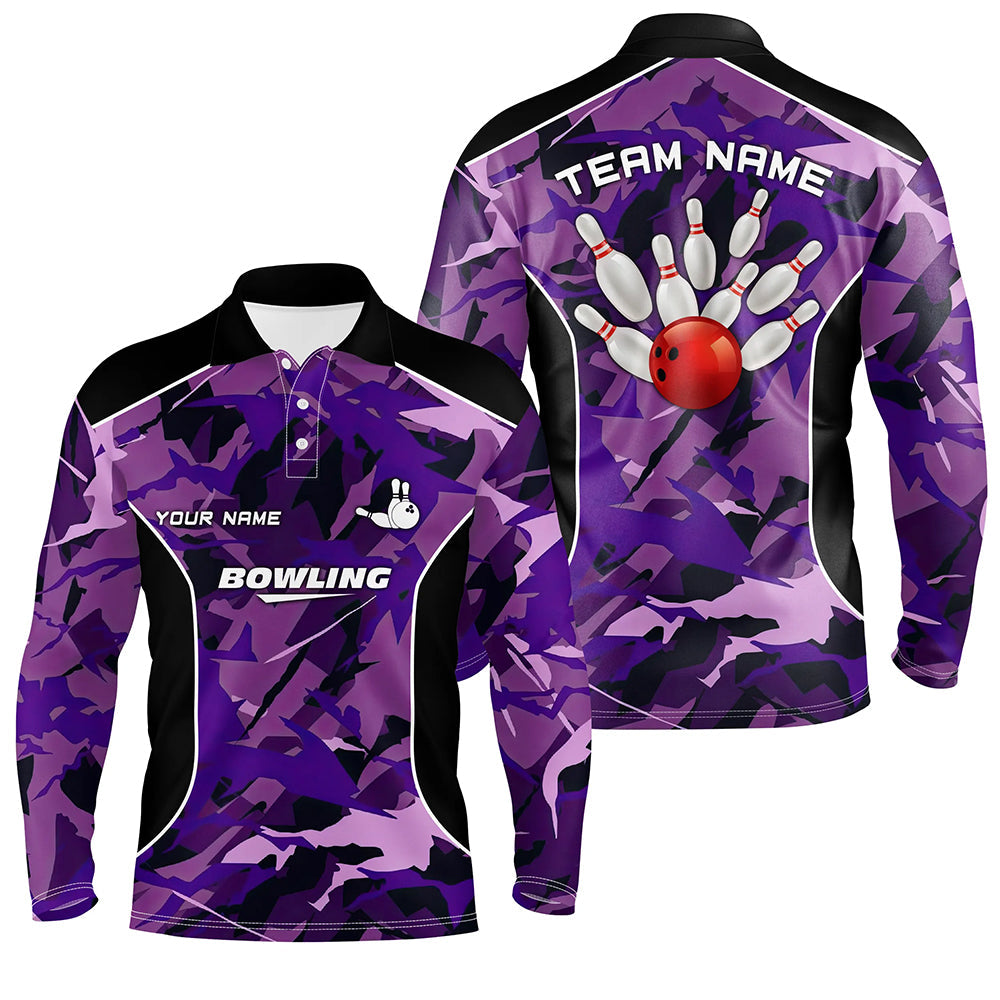 Mens polo bowling shirts Custom bowling ball and pins purple camo Bowling Team Jersey for men NQS6488