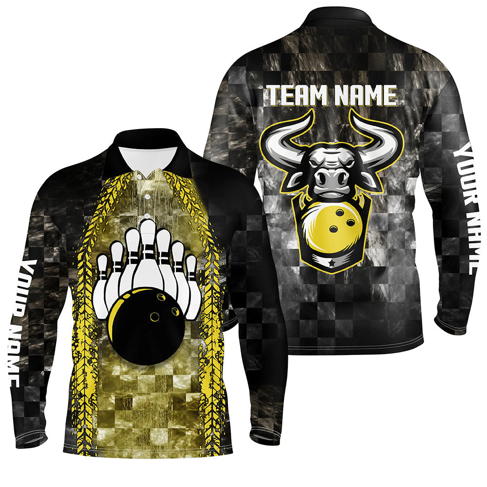 Bowling Bull Black And Yellow Mens bowling polo shirts Custom bowling ball pins Team League Jersey NQS6499