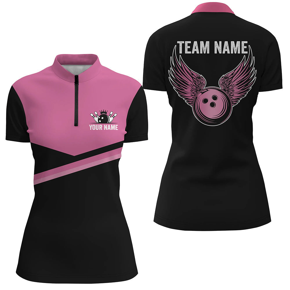 Black and pink Women bowling Quarter Zip shirt Custom Team bowling jerseys, gift for bowlers NQS7407