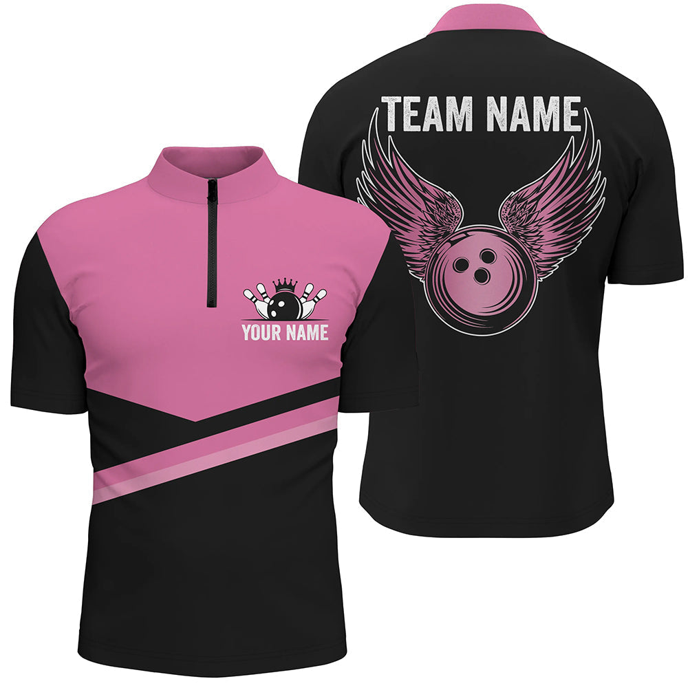 Black and pink Men bowling Quarter Zip shirt Custom Team bowling jerseys, gift for bowlers NQS7407