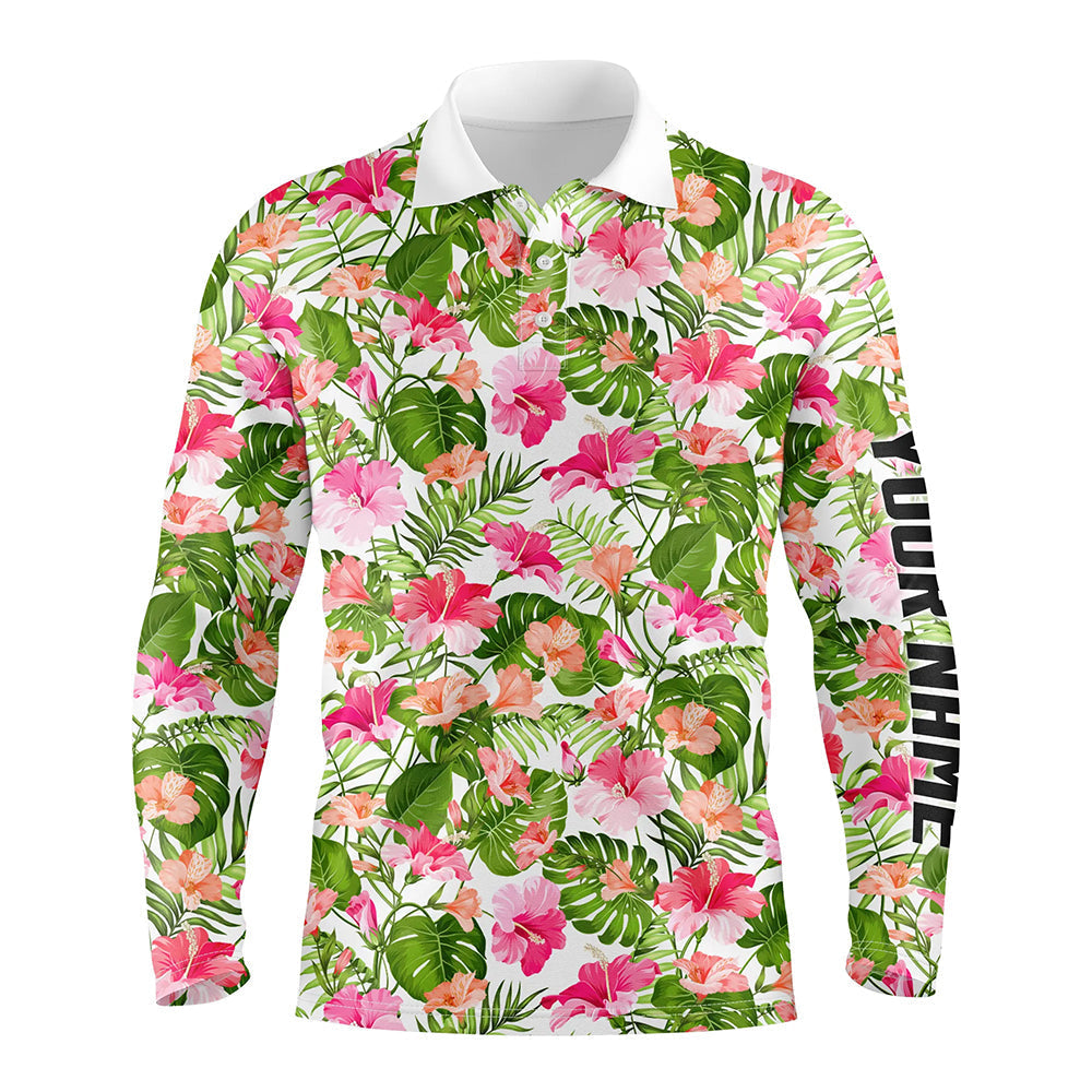 Mens golf polos shirts custom blooming hibiscus and palm pattern golf tops for mens NQS7129