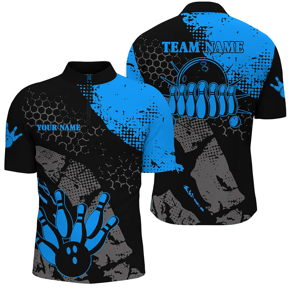 Black and blue Men's bowling Quarter Zip shirts Custom retro bowling ball pins bowling team jerseys NQS6314