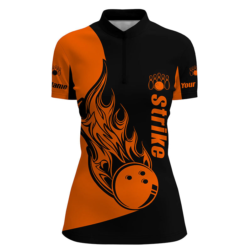 Custom Black and Orange Bowling Quarter-Zip Shirts For Women, Bowling Team Shirts Bowling Strike NQS5661