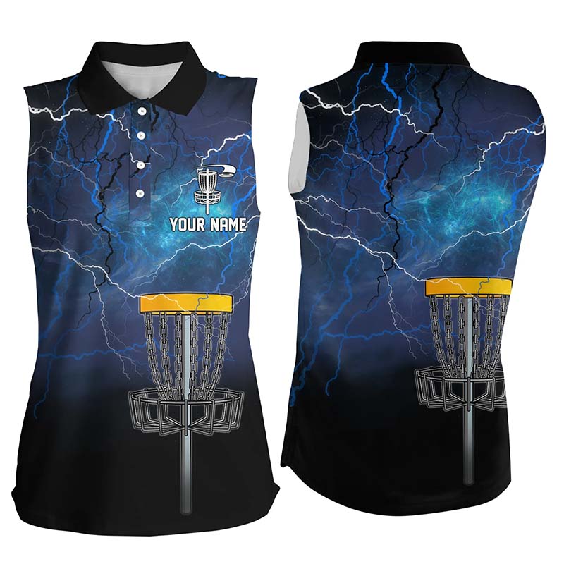 Womens disc golf sleeveless polo shirt custom blue lightning thunder disc golf shirt for ladies NQS7142