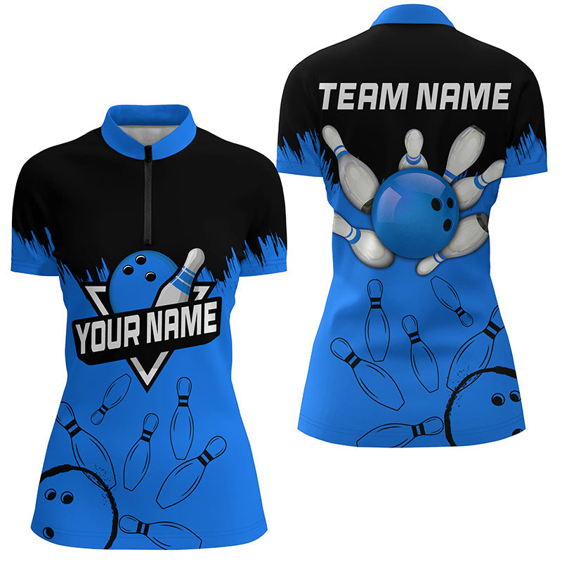 Womens Quarter Zip shirts Custom black and blue Bowling Team league Jerseys, gifts for bowlers NQS7248