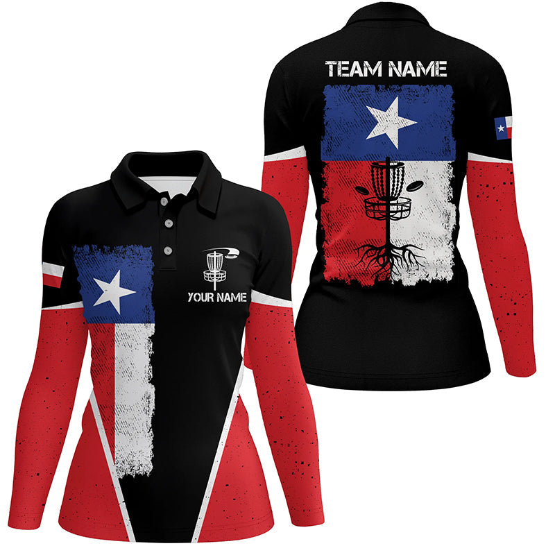 Black Womens Disc golf polo shirts vintage Texas flag patriot custom disc golf shirt for ladies NQS6536