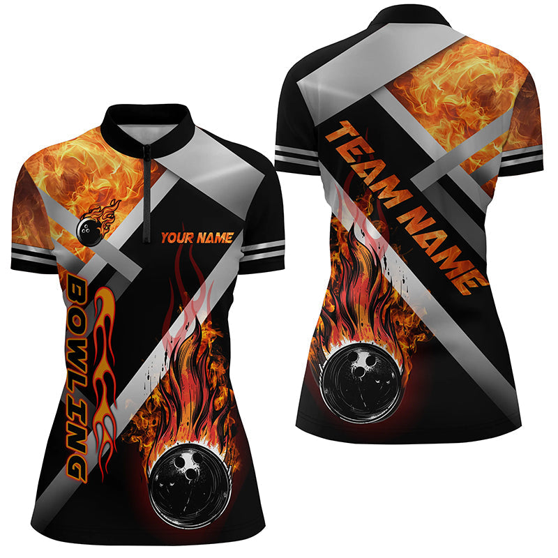 Women bowling Quarter Zip shirt Custom Black bowling ball Flame Bowling Team Jerseys, gift for Bowlers NQS7432