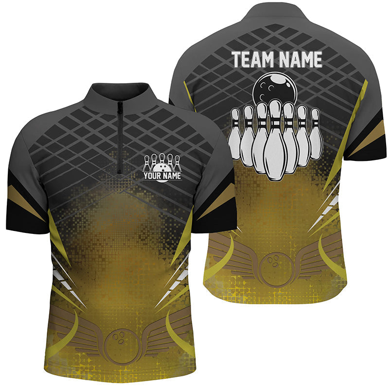 Men's bowling Quarter Zip shirts Custom black gold bowling ball pins team league jersey, bowling gift NQS6329