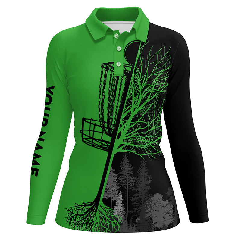 Womens disc golf polo shirts custom black and green disc golf basket, disc golf outfit NQS7152
