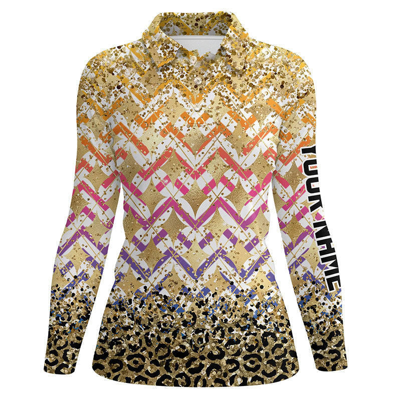 Yellow glitter leopard pattern Women golf polo shirts custom team ladies golf top NQS7814