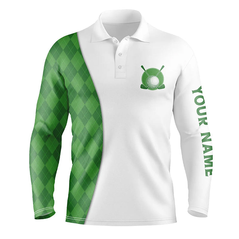 White Mens golf polo shirts custom green argyle plaid pattern golf tops, best mens golf wear NQS7291