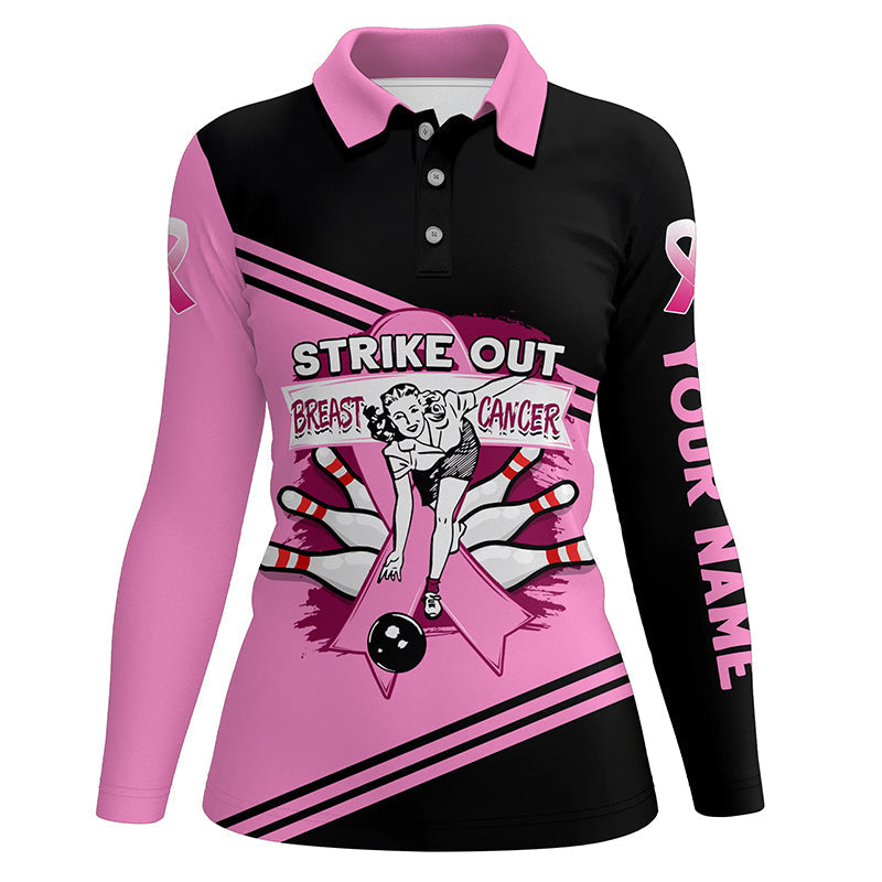 Pink Women bowling polo shirts Custom strike out breast cancer Bowling Team Jersey, bowling gift NQS6382