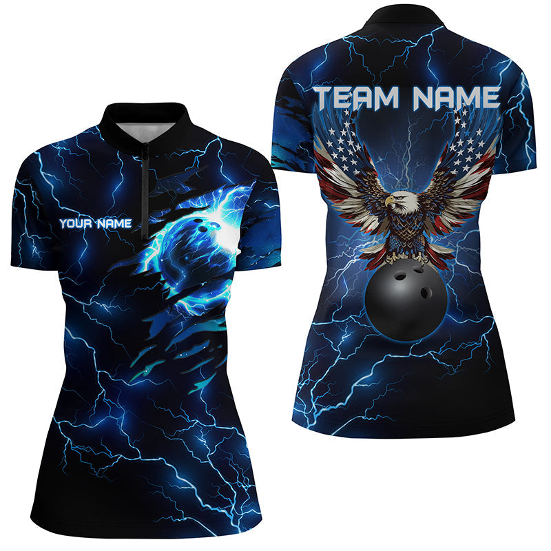 Blue lightning thunder bowling American flag Eagle custom Women Quarter Zip Shirt, team bowler jerseys NQS7489