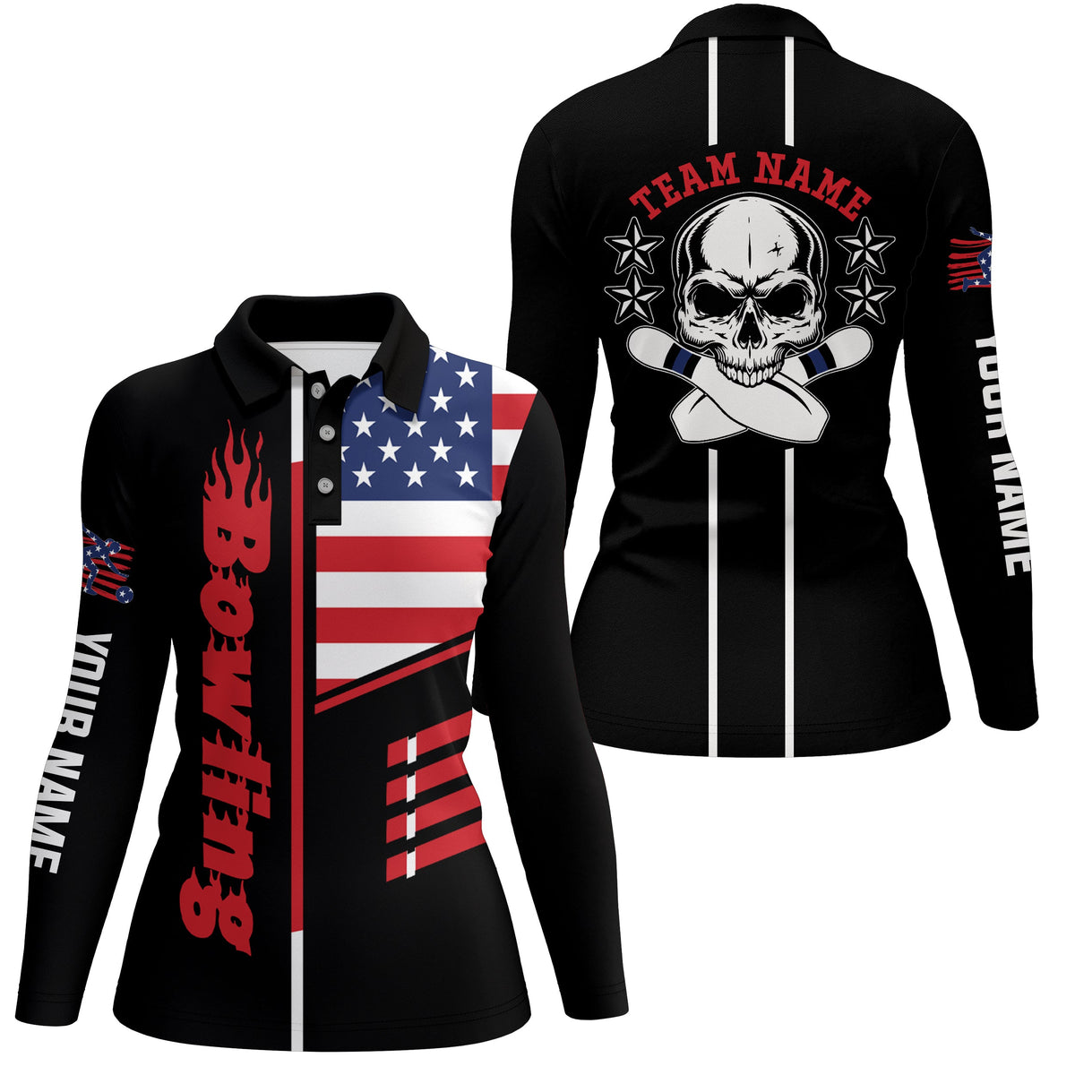 Black Bowling polo Shirt Women Bowling Jerseys Personalized American flag skull Bowling Team Shirts NQS5489