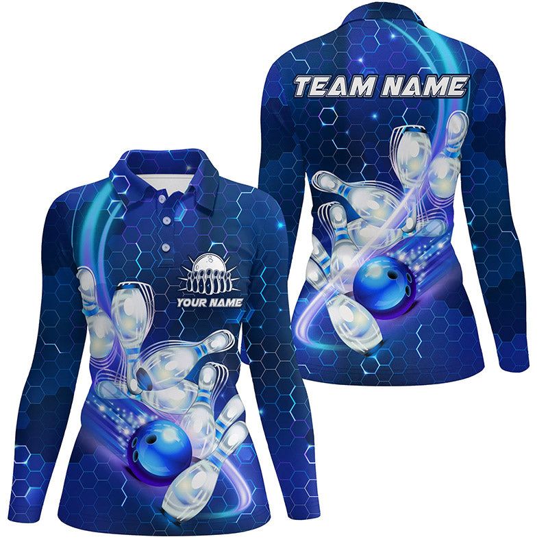 Women bowling polo shirts Custom blue light bowling ball pins hexagon pattern Bowling Team Jersey NQS6639