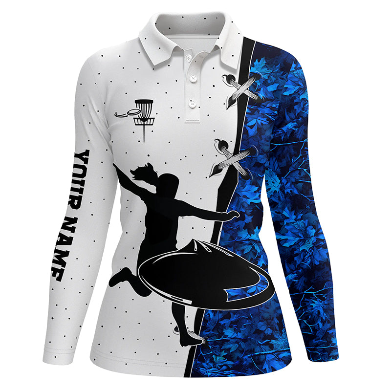 Womens disc golf polo shirts custom name blue camouflage disc golf team shirts, disc golf gifts NQS7311