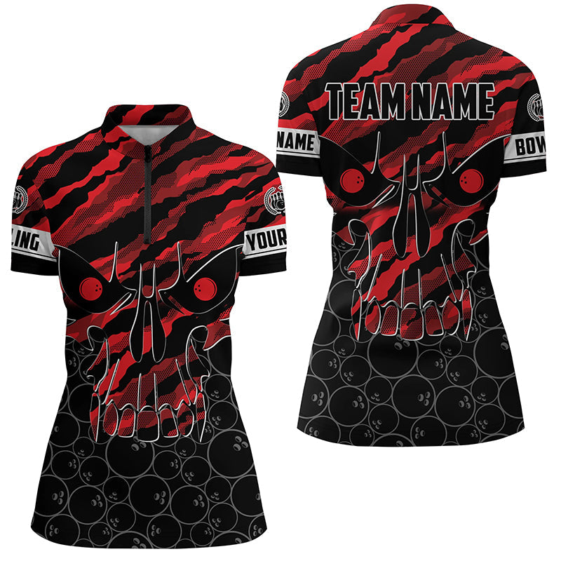 Personalized Skull Bowling Quarter Zip Shirt for women Custom Team's Name Red camo Bowler Jerseys NQS7321