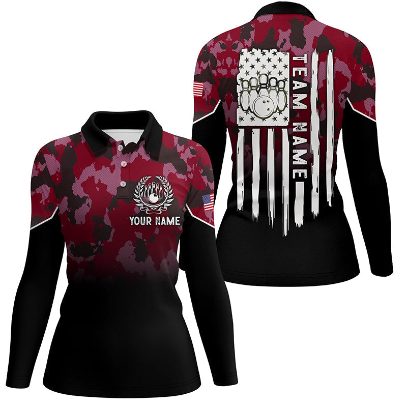 Black red camo Women bowling polo shirts Custom American flag patriotic bowling team league jerseys NQS6657