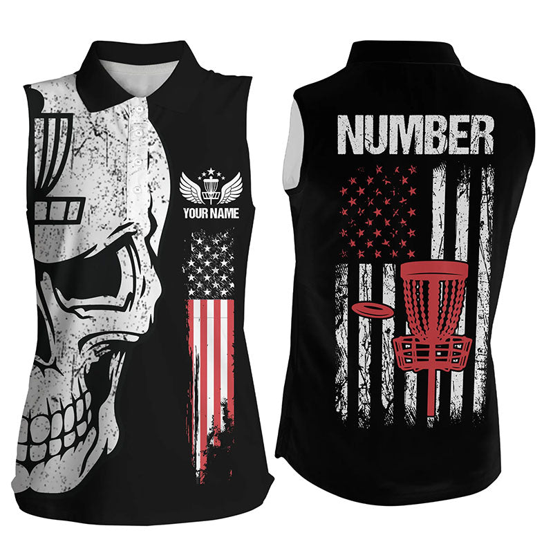 Black American flag Womens sleeveless disc golf polo shirts custom patriotic disc golf skull apparel NQS6205