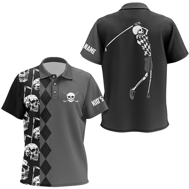 Black skull argyle pattern custom Kid golf polo shirts, Kid's golf tops NQS7681