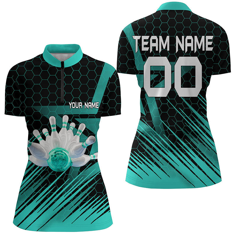 Turquoise Bowling Shirt For women Custom Quarter Zip Bowling Jersey 3D Bowling Team Shirt For women NQS6224