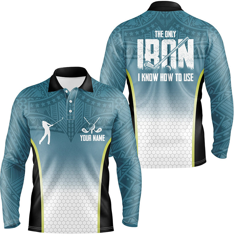 Blue tribal pattern Mens golf polo shirts custom The only iron I know how to use mens golf attire NQS6907