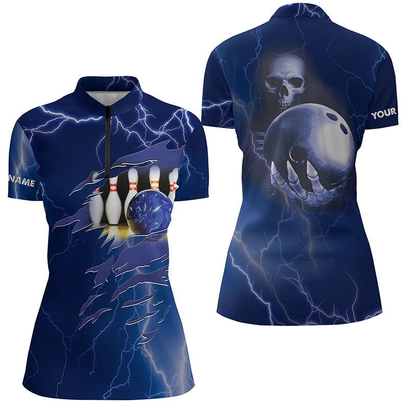 Personalized bowling Quarter-Zip shirt for women blue lightning Custom name Team skull bowling Jerseys NQS6022