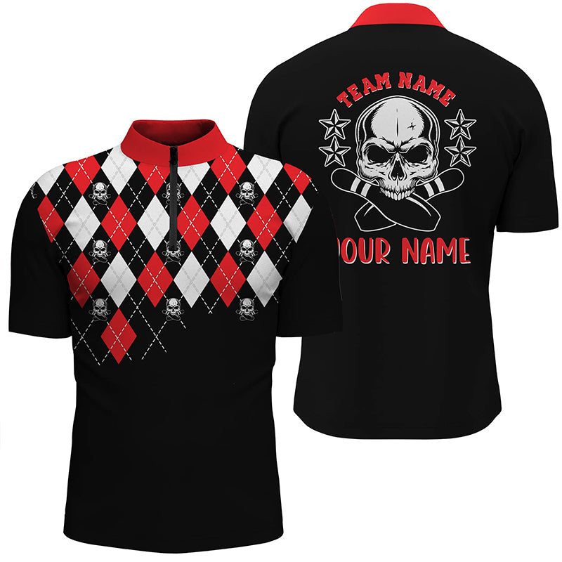 Black red argyle pattern bowling skull custom bowling Quarter Zip shirts for men, bowling jerseys NQS6916