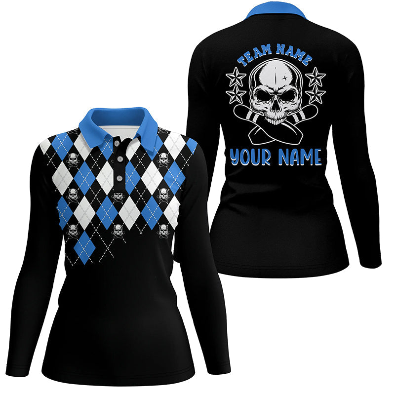 Black and blue argyle pattern bowling skull custom bowling polo shirts for women, bowling jerseys NQS6917