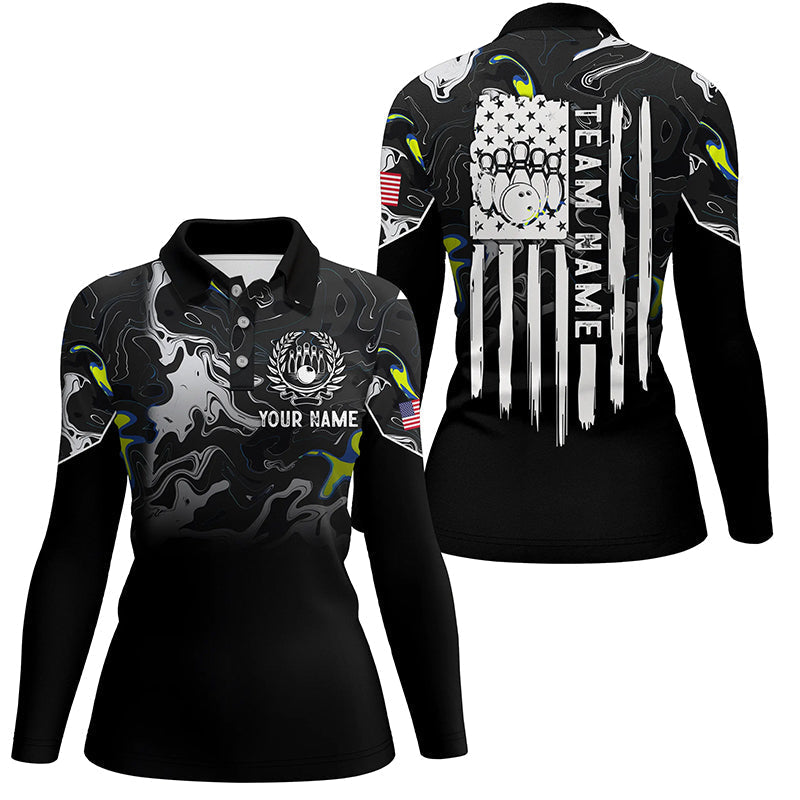 Black white camo Women bowling polo shirt Custom American flag patriotic bowling team league jerseys NQS7367