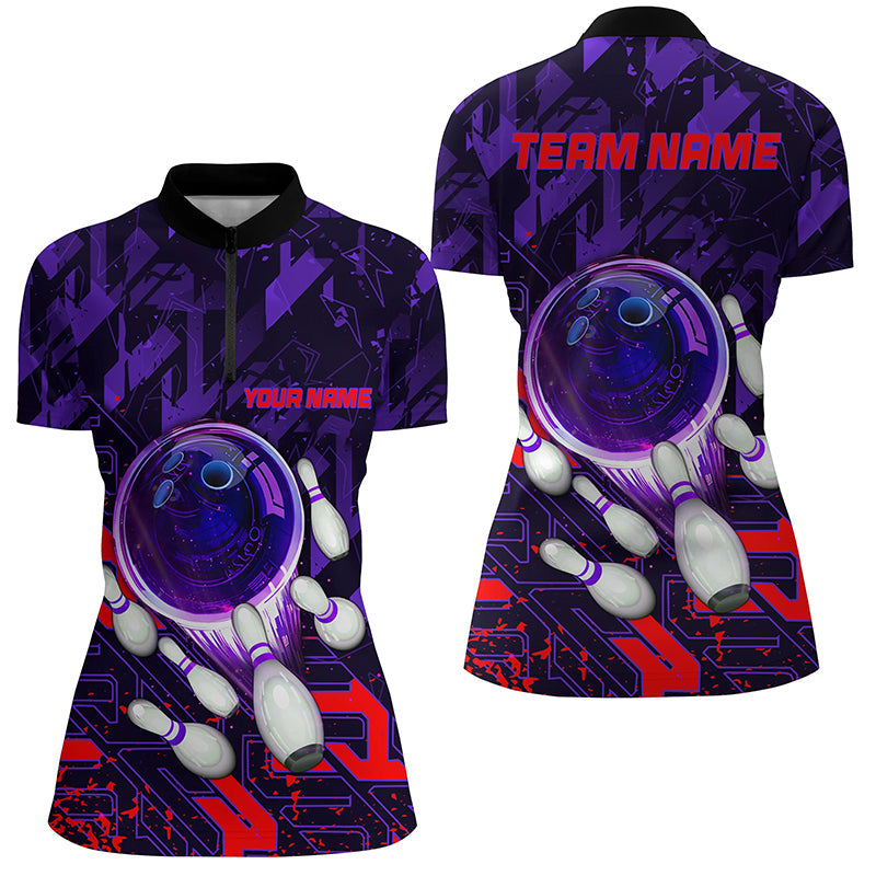Womens Quarter Zip shirts Custom purple red abstract Bowling Team league Jerseys, bowling gifts NQS7101