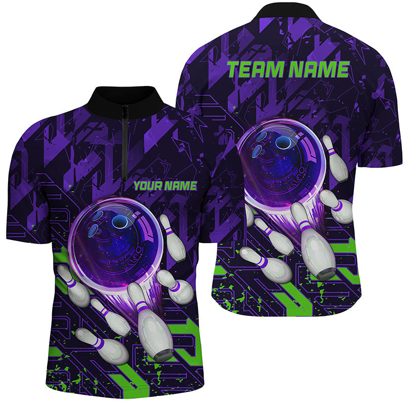 Men bowling Quarter Zip shirts Custom purple green abstract Bowling Team league Jerseys, bowling gifts NQS7102