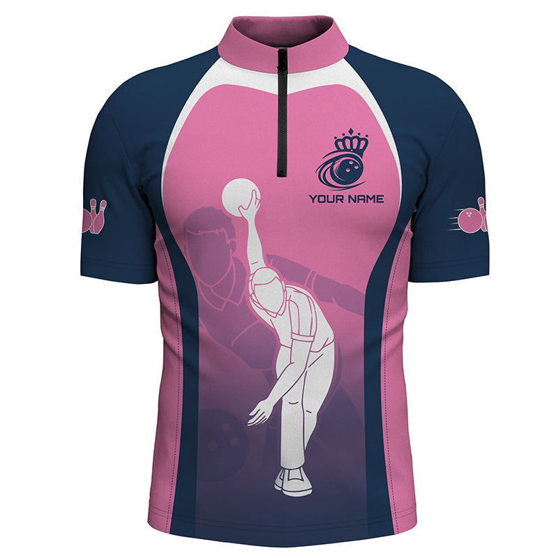 Blue and pink Men's bowling Quarter Zip shirt custom bowling team shirts, personalized bowling jerseys NQS7221