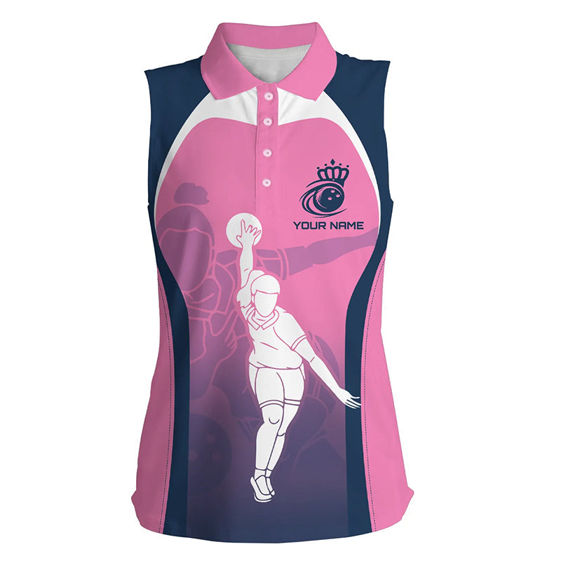 Blue and pink Women sleeveless polo shirts custom bowling team shirts, personalized bowling jerseys NQS7221