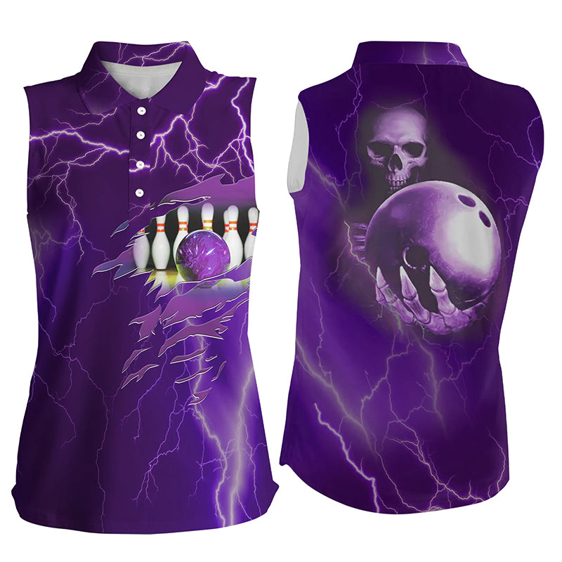 Myfihu Women Bowling Sleeveless Polo Shirts Custom Purple Lightning Thunder Bowling Team Jersey NQS6220, Sleeveless Polo Shirt / M